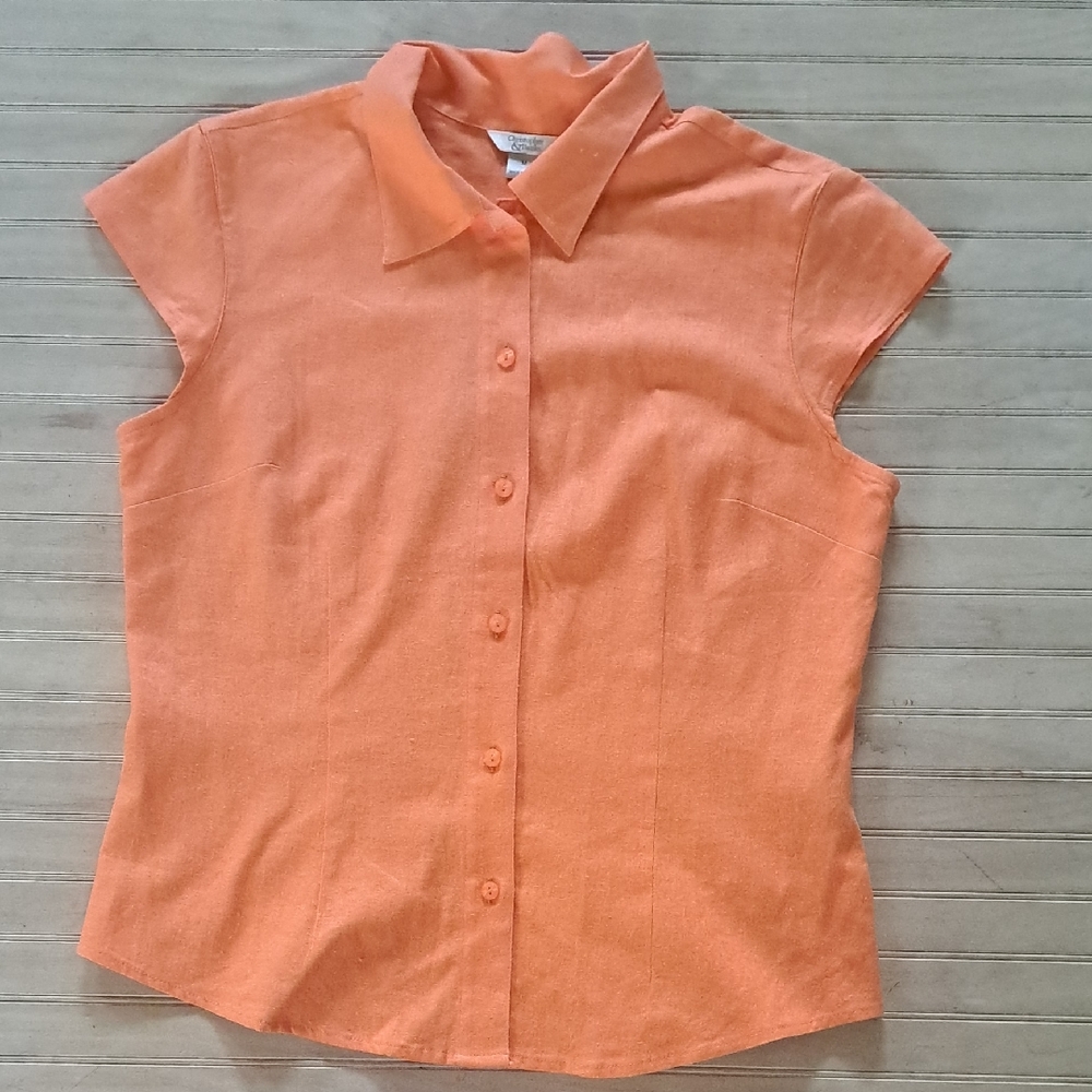 Linen Blend Christopher & Banks Button Front Blouse Orange Short Sleeve Tailored